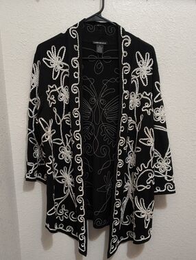 Lauren Michelle Black Open-Front Cardigan with White Floral Embroidery XL